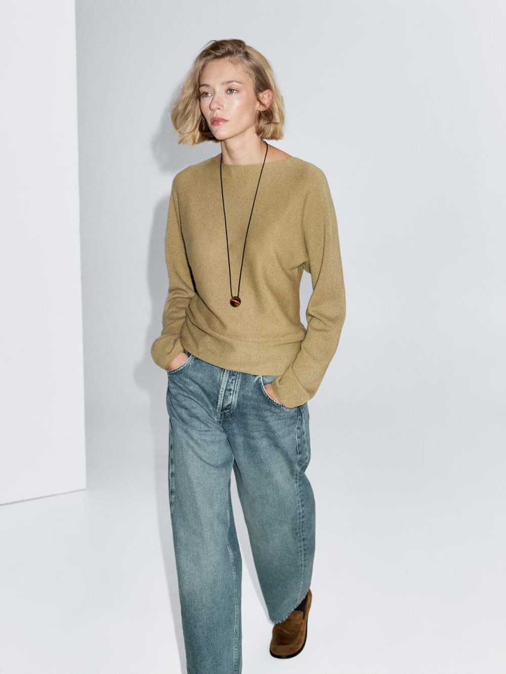 Massimo Dutti Свитер с вырезом «лодочка», светло-зеленый