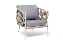 "Диего" кресло плетеное из роупа, каркас алюминий светло-серый (RAL7035) муар, роуп бежевый круглый, ткань светло-серая