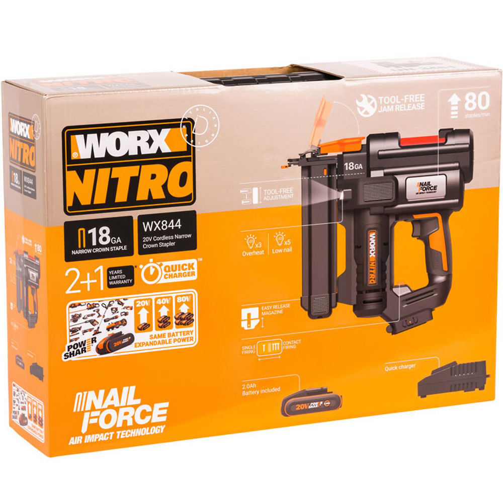 Степлер аккумуляторный WORX WX844 20V 2Ач х1 ЗУ