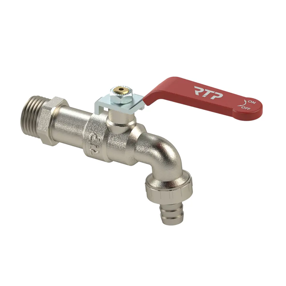 Кран шаровой ручка рычаг водоразборный латунный наружная резьба/наружная резьба 1/2х1/2-14,  никелированный, RTP (34659)