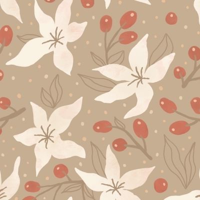 Большие бежевые цветы с ягодами, зимний цветочный принт