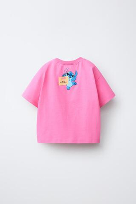 ZARA ФУТБОЛКА С ПРИНТОМ LILO & STITCH © DISNEY, НЕОНОВЫЙ РОЗОВЫЙ