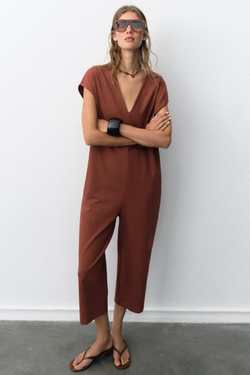 ZARA ДЛИННЫЙ КОМБИНЕЗОН ИЗ ПЛОТНОГО ХЛОПКА, ЧЕРЕПИЧНЫЙ