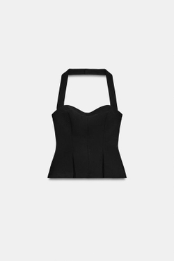 ZARA ТОП С ГОРЛОВИНОЙ ХАЛТЕР СО СКЛАДКАМИ, ЧЕРНЫЙ