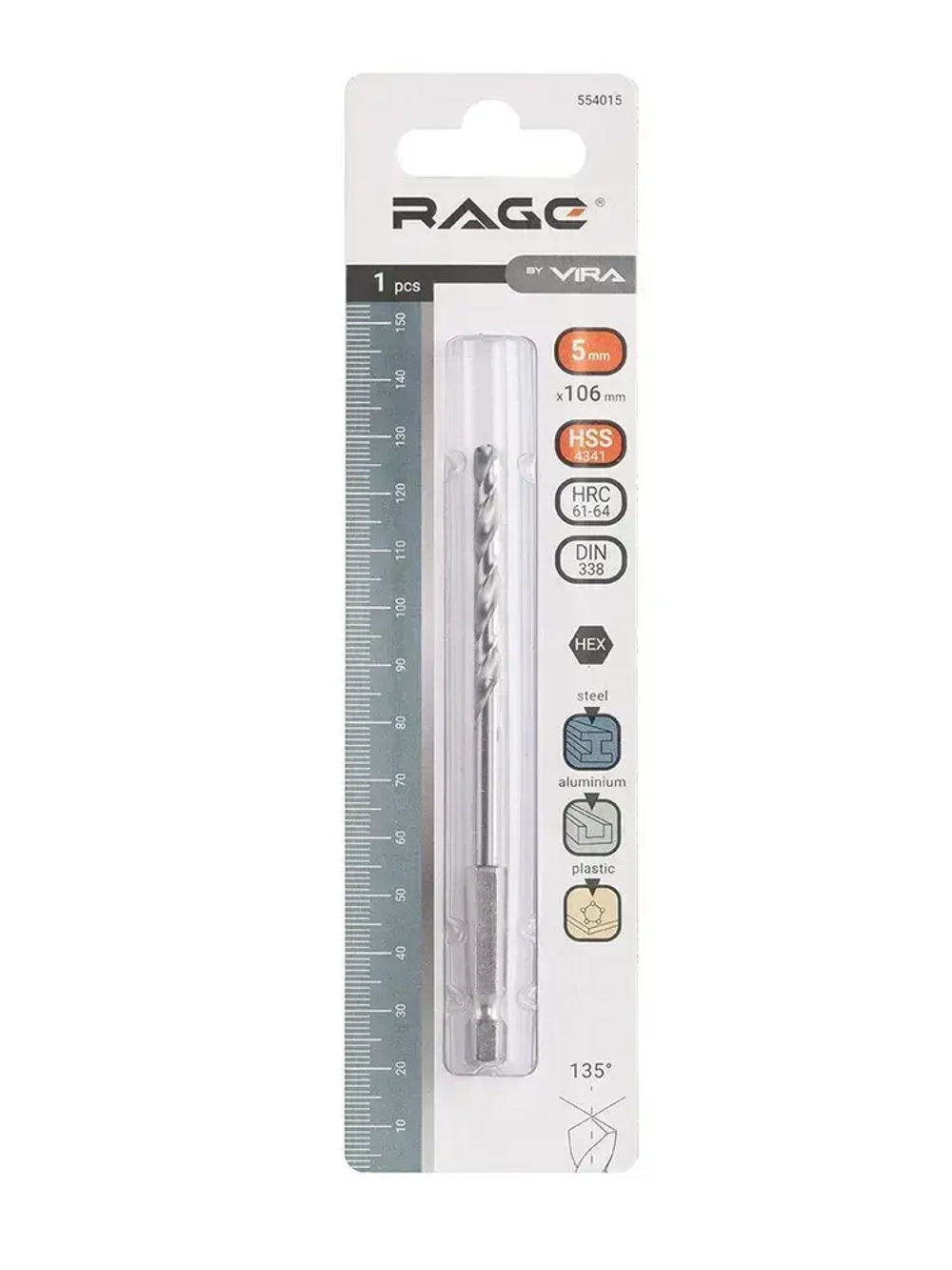 Сверло по металлу с шестигранным хвостовиком 5 мм RAGE by VIRA