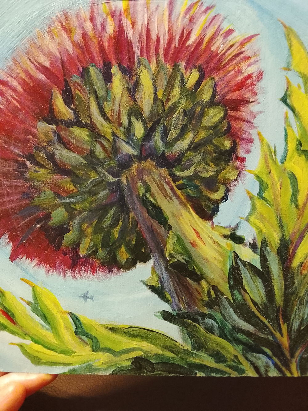 Картина Татарник и самолет. 21 см на 21 см. Акрил на картоне. Авторская живопись, оригинал.