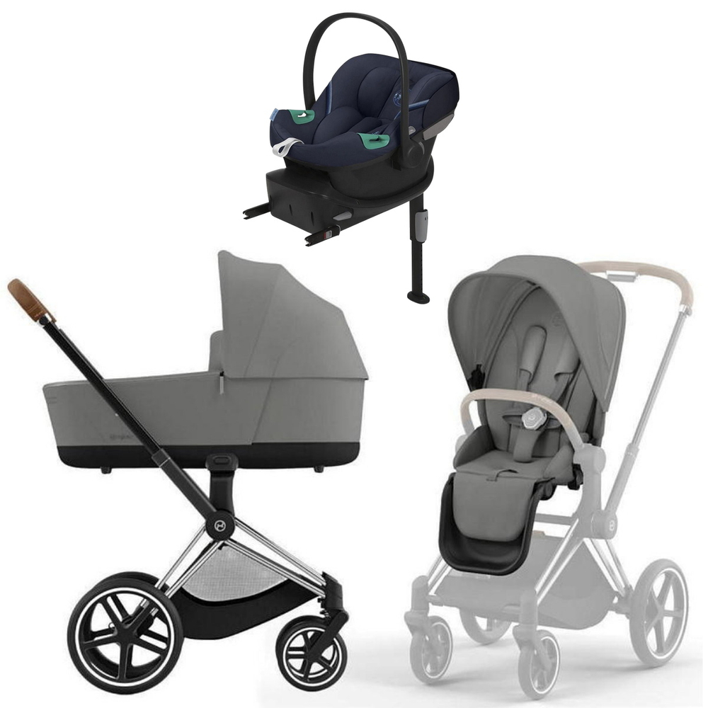Коляска Cybex Priam IV Chrome Brown complete Aton S2 Ocean Blue Base One 4 в 1 Mirage Grey