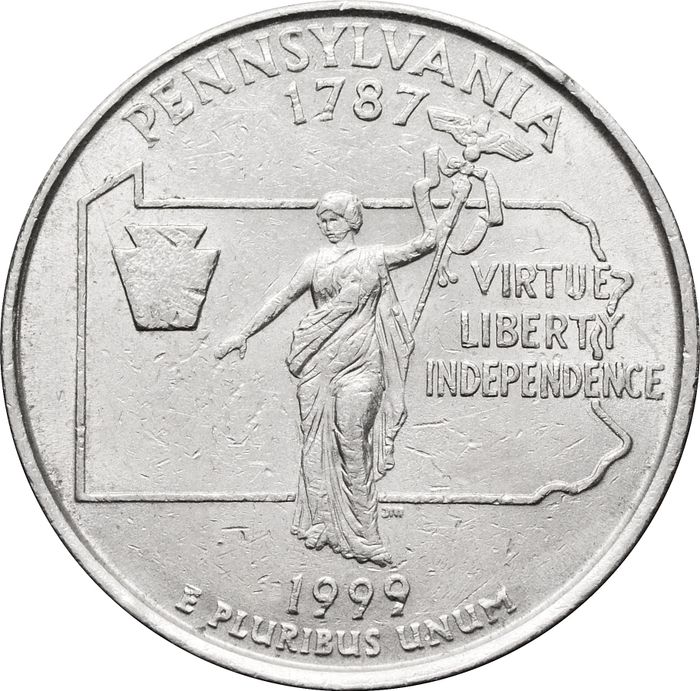25 центов (1/4 доллара, квотер) 1999 США «Штат Пенсильвания» (P) 