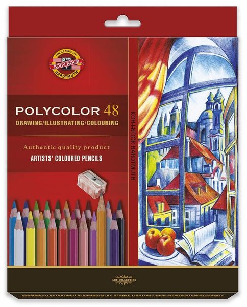 Набор художественных цветных карандашей POLYCOLOR 48 цветов, 2 штуки чернографитных карандаша 1500 и точилка в картонной коробке