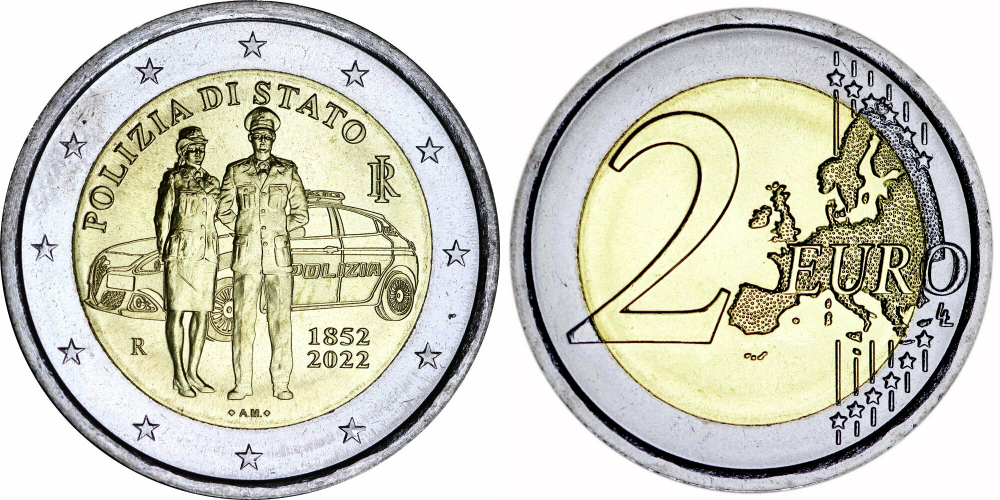 Италия 2 евро, 2022 170 лет Итальянской национальной полиции UNC