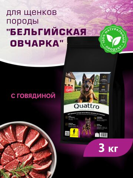 Корм сухой для щенков породы Бельгийская овчарка (Малинуа), с говядиной, 3 кг, QUATTRO