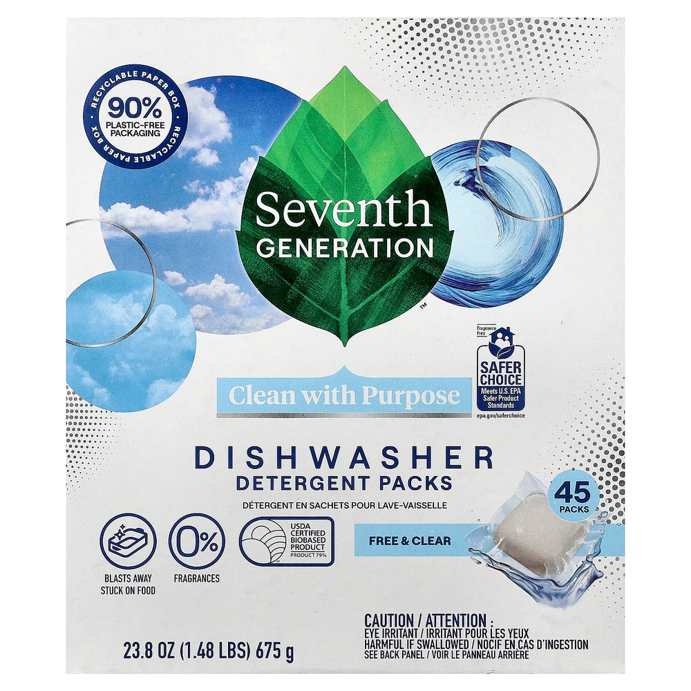Seventh Generation, Пакеты с моющим средством для посудомоечной машины, бесплатно и прозрачное, 45 упаковок, 675 г (23,8 унции)