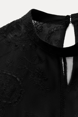 ZARA ТОП С ВЫШИВКОЙ И КРУЖЕВОМ, ЧЕРНЫЙ