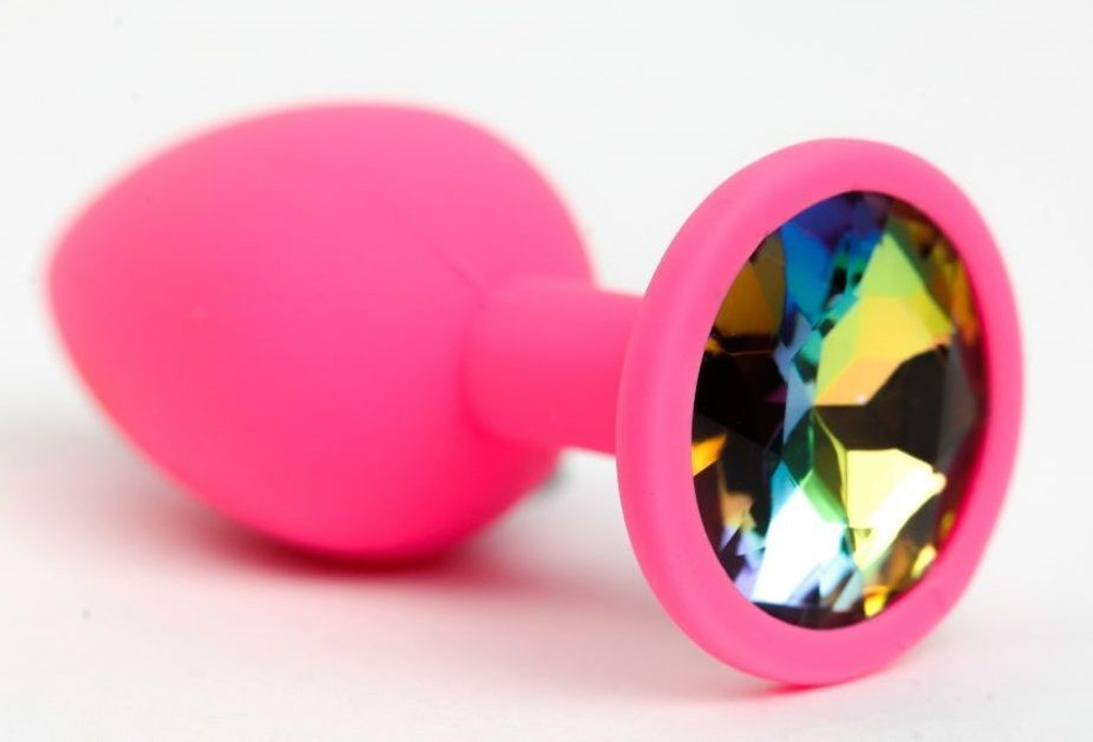 Розовая анальная пробка с радужным стразом - 7,6 см. (Цвет: разноцветный)