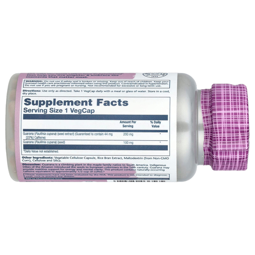 Solaray, Экстракт семян гуараны, 200 мг, 60 растительных капсул