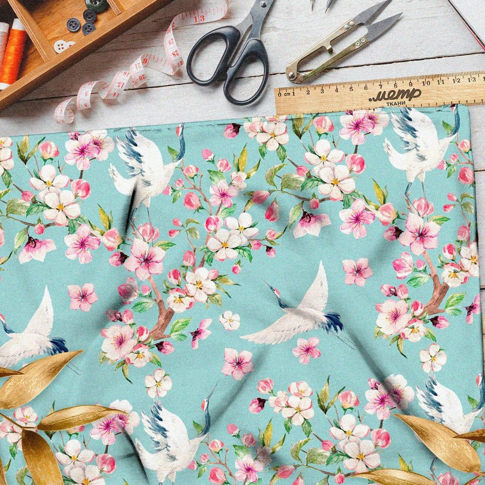 Ткань оксфорд 210 цветущая вишня и журавль