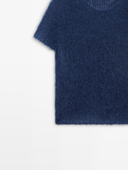 Massimo Dutti Трикотажный свитер из смесовой шерсти альпака с короткими рукавами, темно-синий