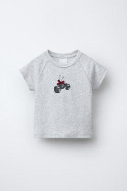 ZARA ФУТБОЛКА В РУБЧИК С НАДПИСЬЮ, СЕРЫЙ