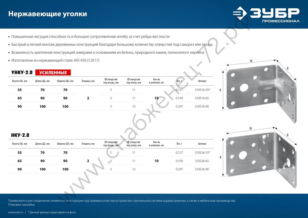 ЗУБР УНКУ-2.0 65х90х90х2 мм, усиленный нержавеющий крепежный уголок, Профессионал (310516-65)