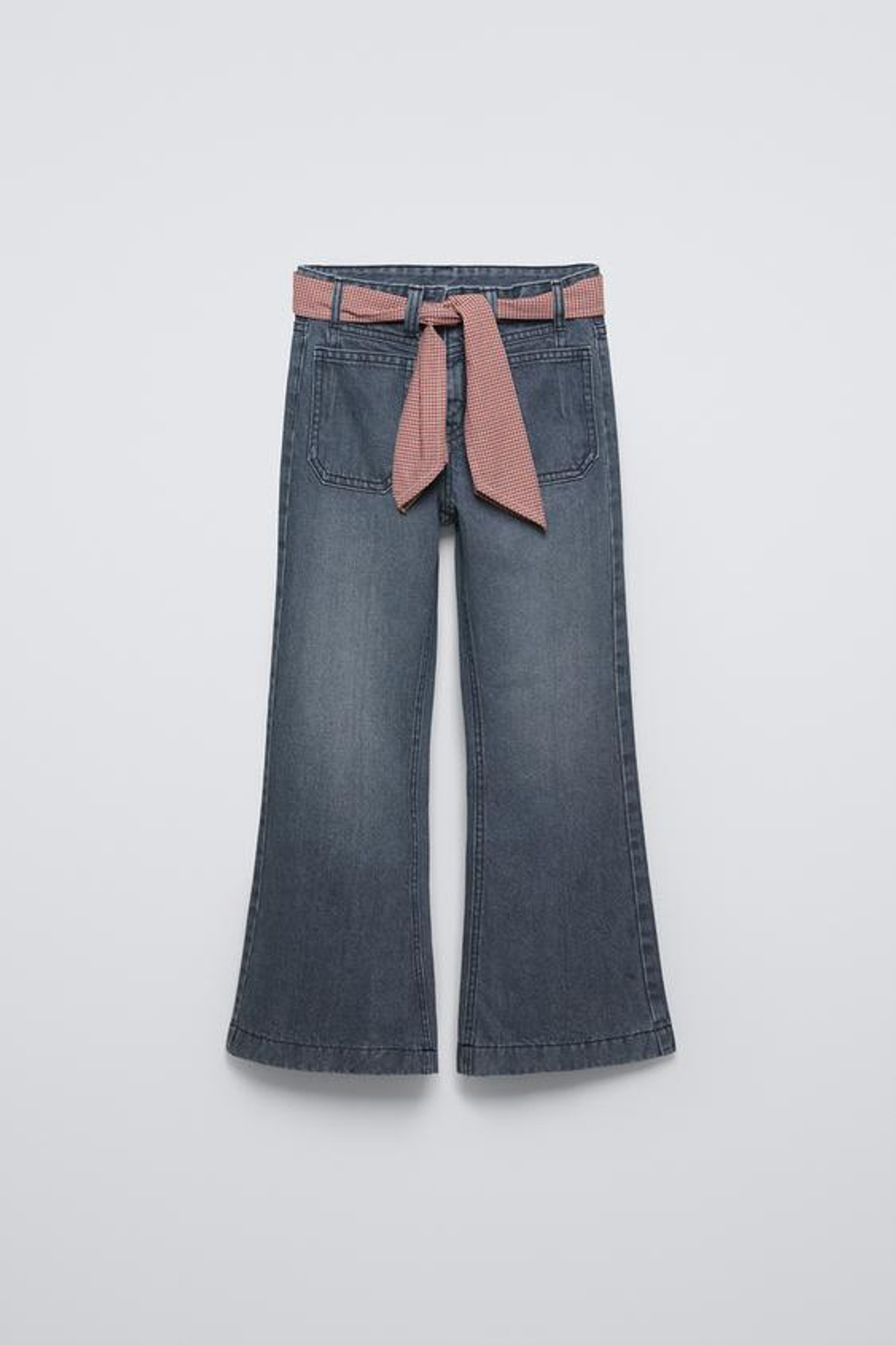 ZARA РАСКЛЕШЕННЫЕ ДЖИНСЫ С ПЛАТКОМ В КЛЕТКУ, СЕРЫЙ