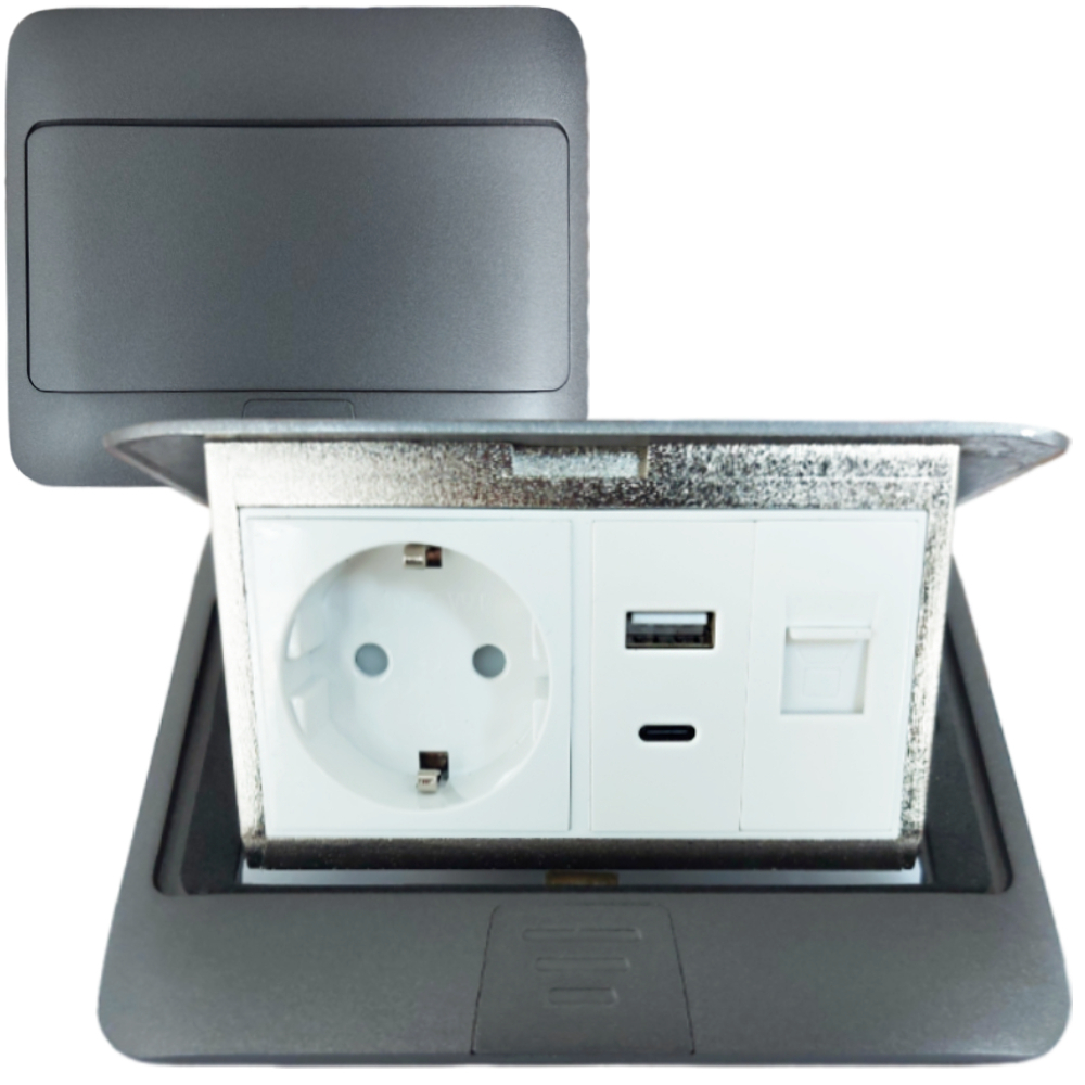 Лючок в пол 1-РОЗЕТКА + USB+TYPE-C + INT (цвет серый)