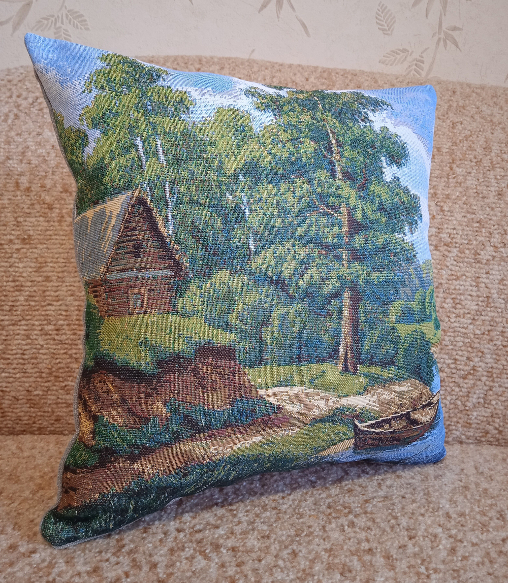 Декоративный гобеленовый чехол для интерьерной подушки Лодка рыбака 38*38