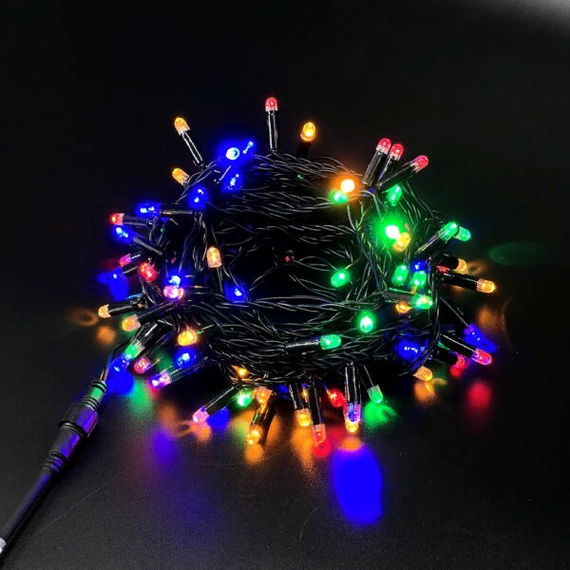 Светодиодная гирлянда с колпачком 100 разноцветных LED ламп 10 м., 24В., черный провод ПВХ, IP65, LTC (PST100CAP-11-1M)