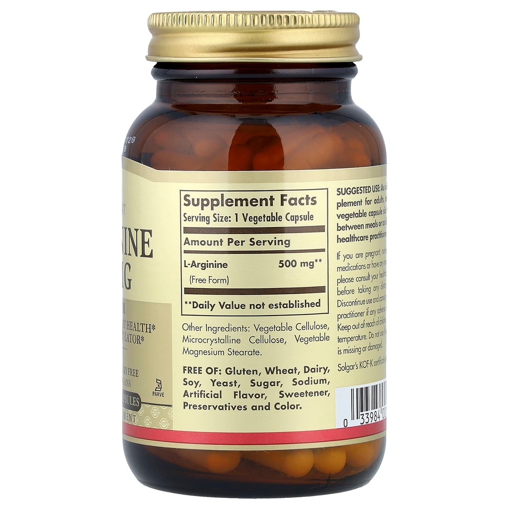 Solgar, L-аргинин, 500 мг, 100 растительных капсул