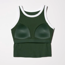 UNIQLO УКОРОЧЕННЫЙ ТОП-БЮСТГАЛЬТЕР БЕЗ РУКАВОВ В РУБЧИК, ТЕМНО-ЗЕЛЕНЫЙ