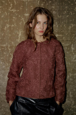 ZARA ЖАКЕТ ИЗ ШЕРСТИ С УЗОРОМ МАКРАМЕ, БАКЛАЖАННЫЙ