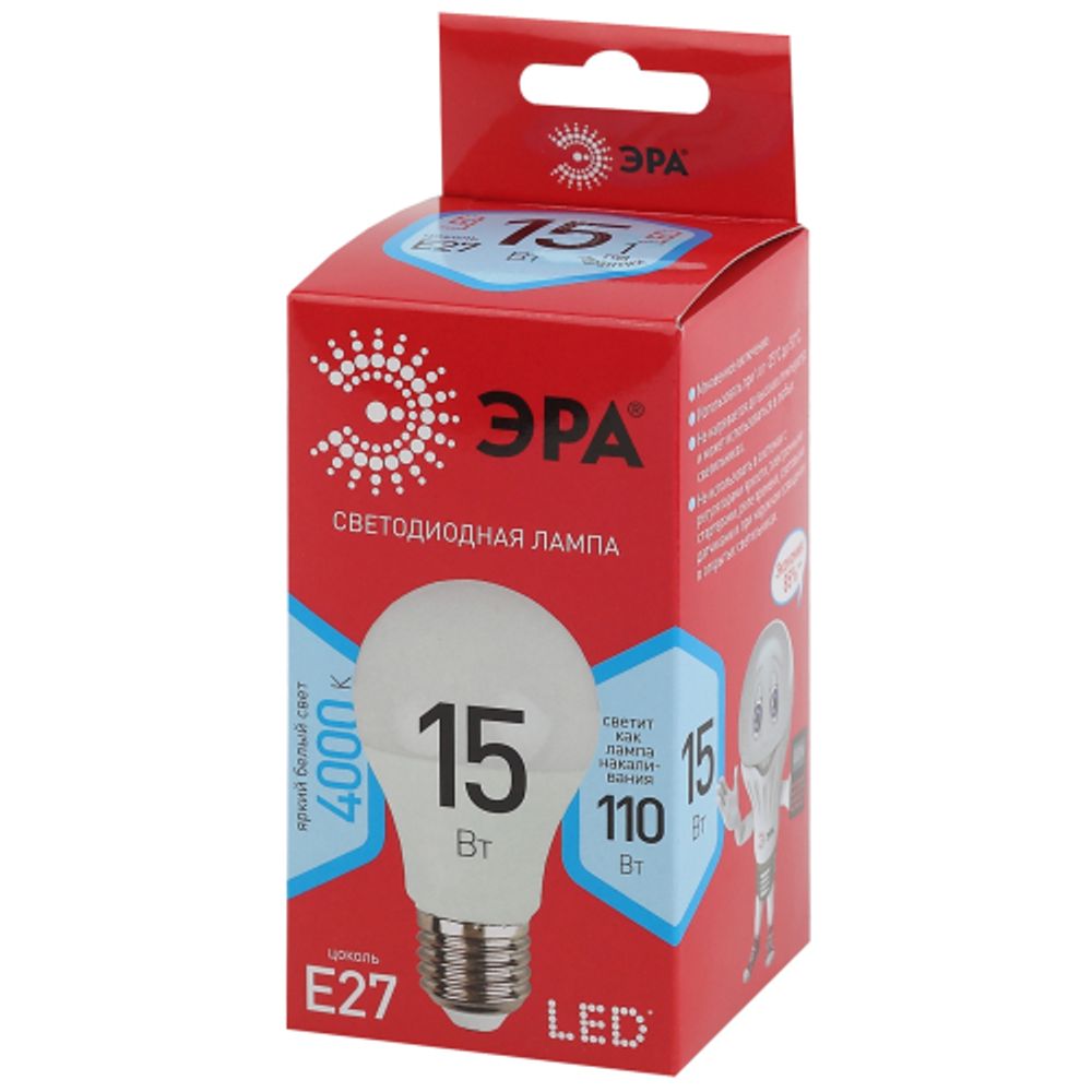Лампа светодиодная ЭРА RED LINE LED A60-15W-840-E27 R E27 / Е27 15 Вт груша нейтральный белый свет | Лампы cветодиодные Груша (A)