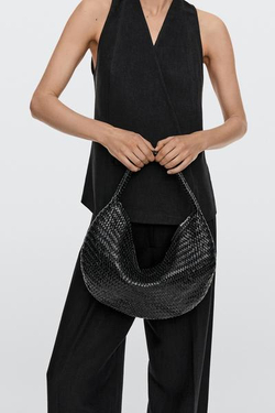Massimo Dutti Плетеная кожаная сумка в форме полумесяца, черный