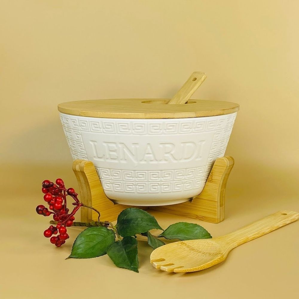 Lenardi 140-128 Набор салатник 25см. с 2 ложками на подставке BAMBOO в под.уп.(х8)Фарфор