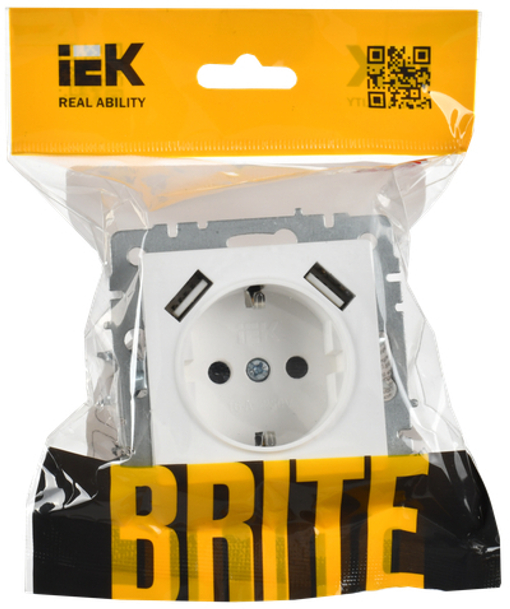 BRITE Розетка 1-местная с заземлением с защитными шторками 16А с USB A+A 5В 2,1А РЮш10-1-БрАБ арктический белый IEK
