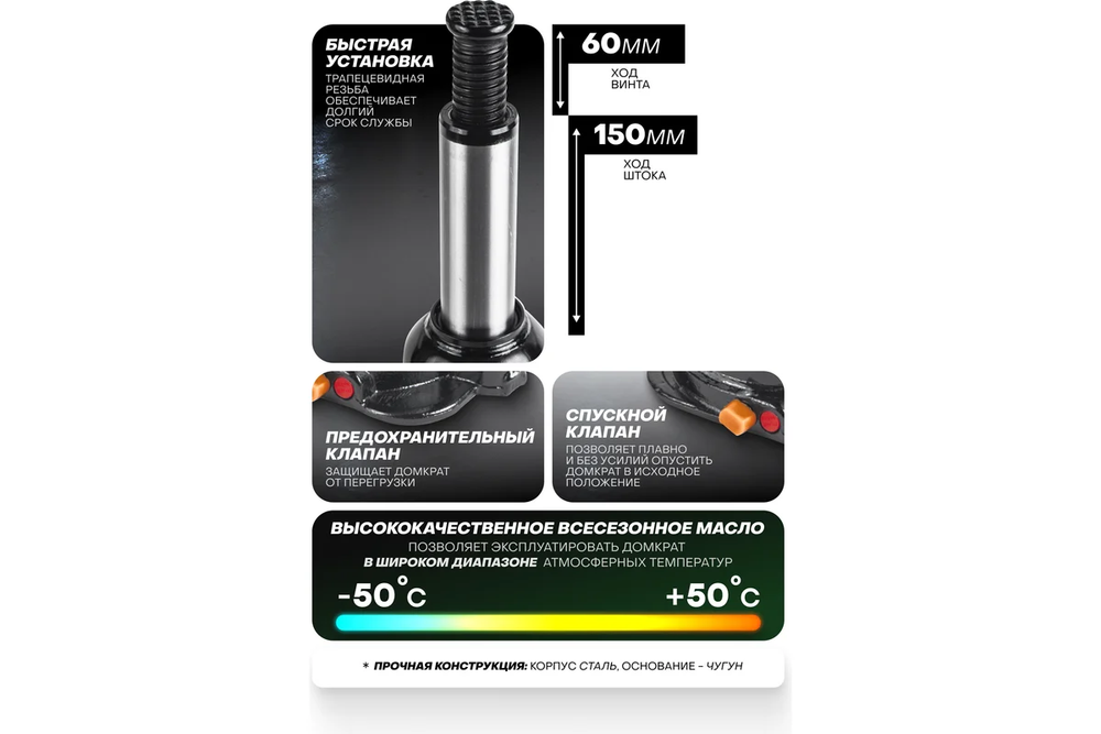 Домкрат RF-T92004EURO бутылочный 20т низкопрофильный (высота подхвата - 235мм, высота подъема - 445мм, ход штока - 210мм) ROCKFORCE