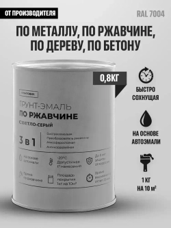 Грунтович Краска Быстросохнущая, Гладкая, Матовое покрытие, 0.8 кг, светло-серый
