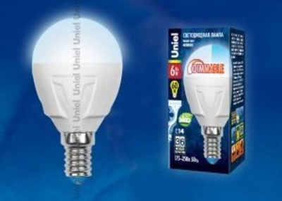 Лампа сд LED-ШАР 6Вт 220В Е14 4500К 600Лм диммируемая UNIEL
