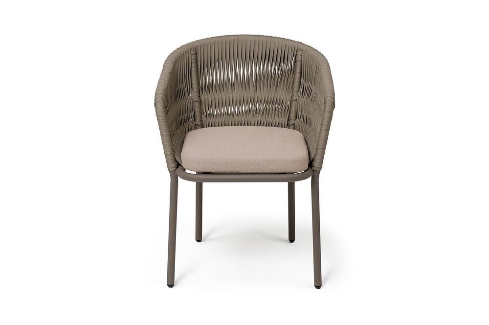 "Бордо" стул плетеный из роупа (колос), каркас алюминий бежево-серый (RAL7006) муар, роуп серо-коричневый 23мм, ткань Mossle бежевая