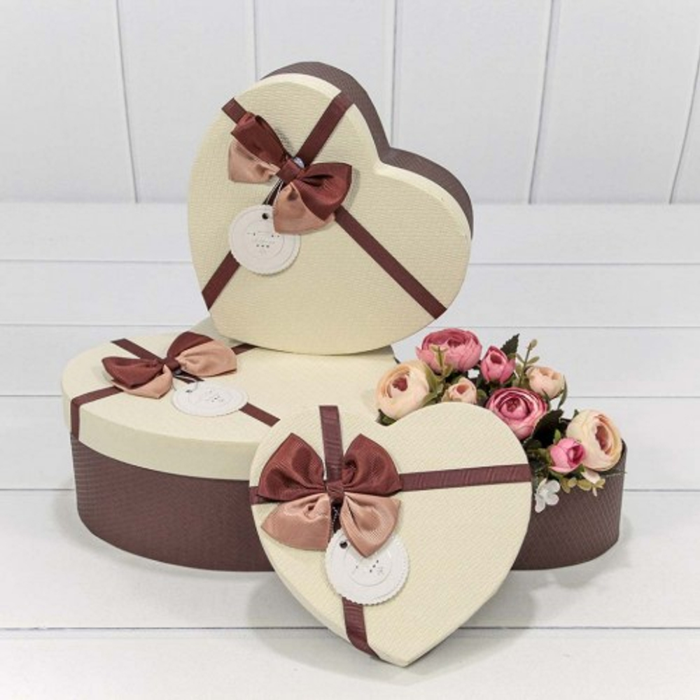 Коробка 22х20х9 см Набор 3 шт "Сердце" с бантом (Микс)