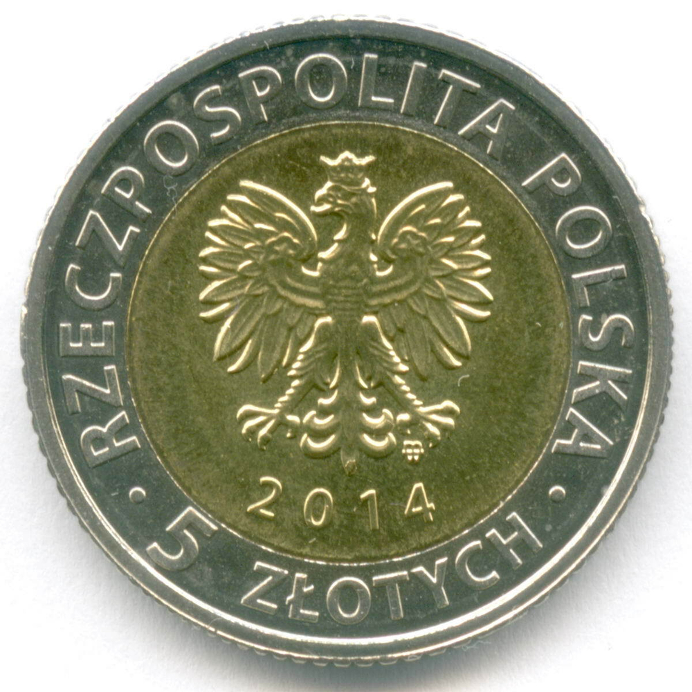 5 злотых 2014 год. Польша. Королевский замок в Варшаве. Биметалл UNC