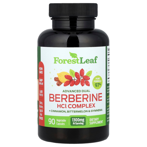 Forest Leaf, Улучшенный двойной комплекс берберина гидрохлорида + корица, горькая дыня и джимнема, 90 растительных капсул