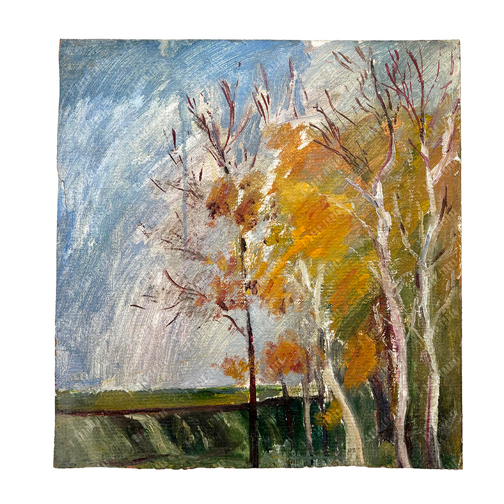 Н/х. Натюрморт с тремя бутылками и мандаринами / Осенний пейзаж. Картон, масло. 1980-е гг.