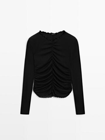 Massimo Dutti Футболка со сборкой и длинными рукавами, черный