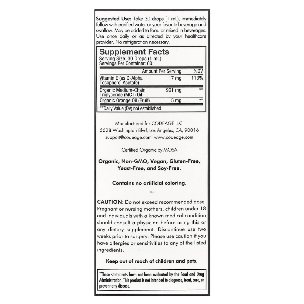 Codeage, жидкий витамин E+, без добавок, 59,2 мл (2 жидк. унции)