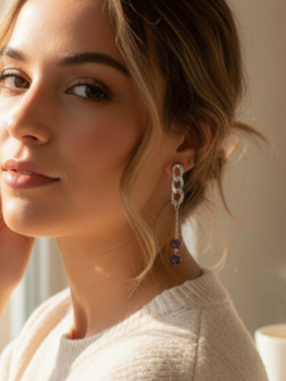 Серьги Цепь с подвесками, Аметист, фиолетовый