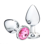 Серебристая коническая анальная пробка с розовым кристаллом - 9 см. (Цвет: розовый)