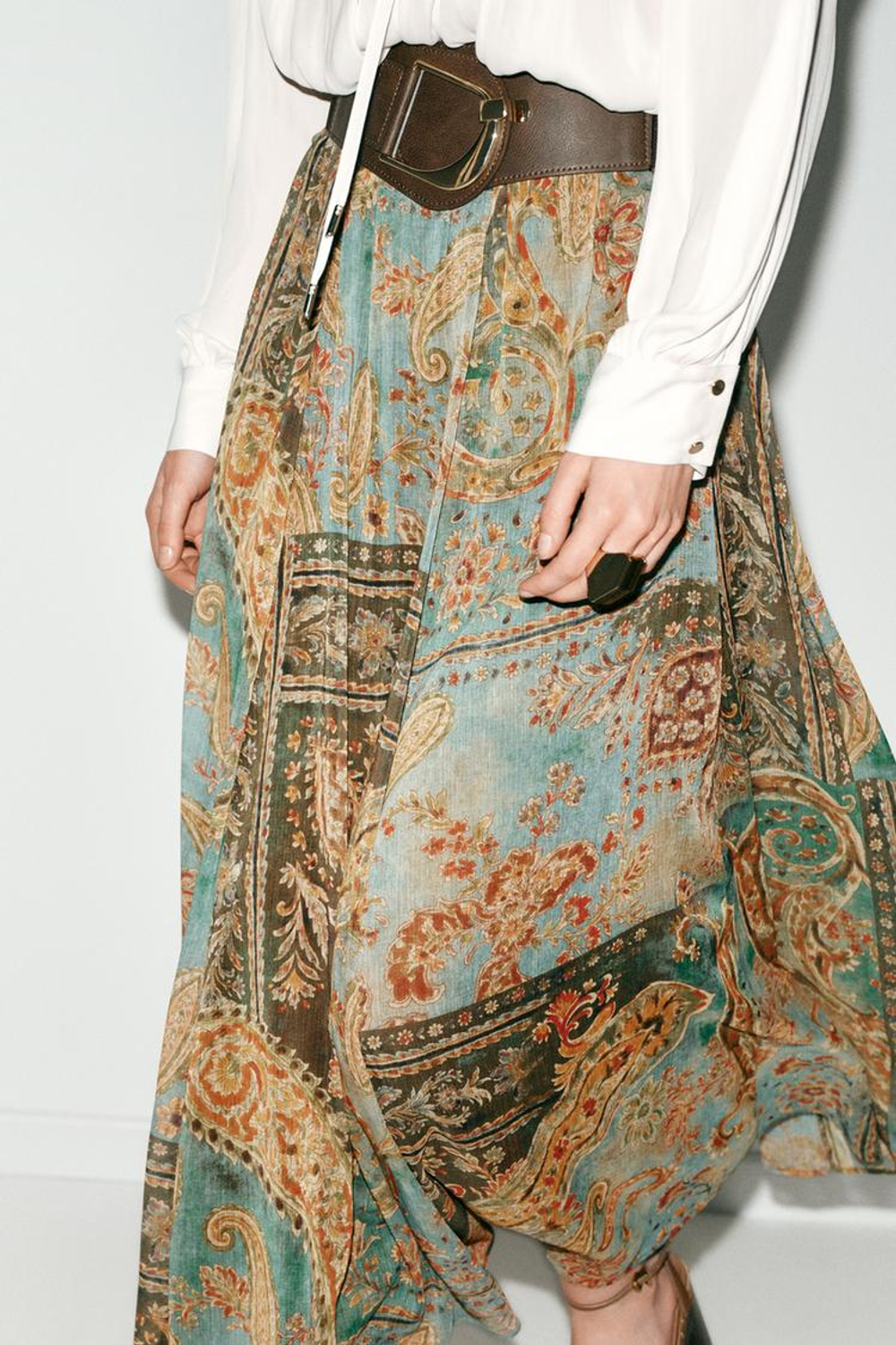 ZARA ЮБКА МИДИ С ПРИНТОМ И ПОЯСОМ, РАЗНОЦВЕТНЫЙ