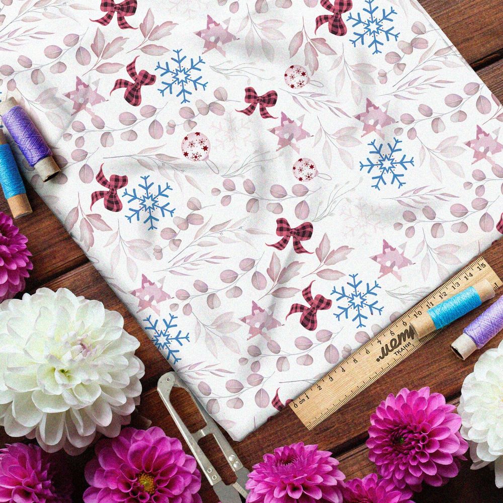 Ткань габардин красные листья, клетчатые банты и снежинки