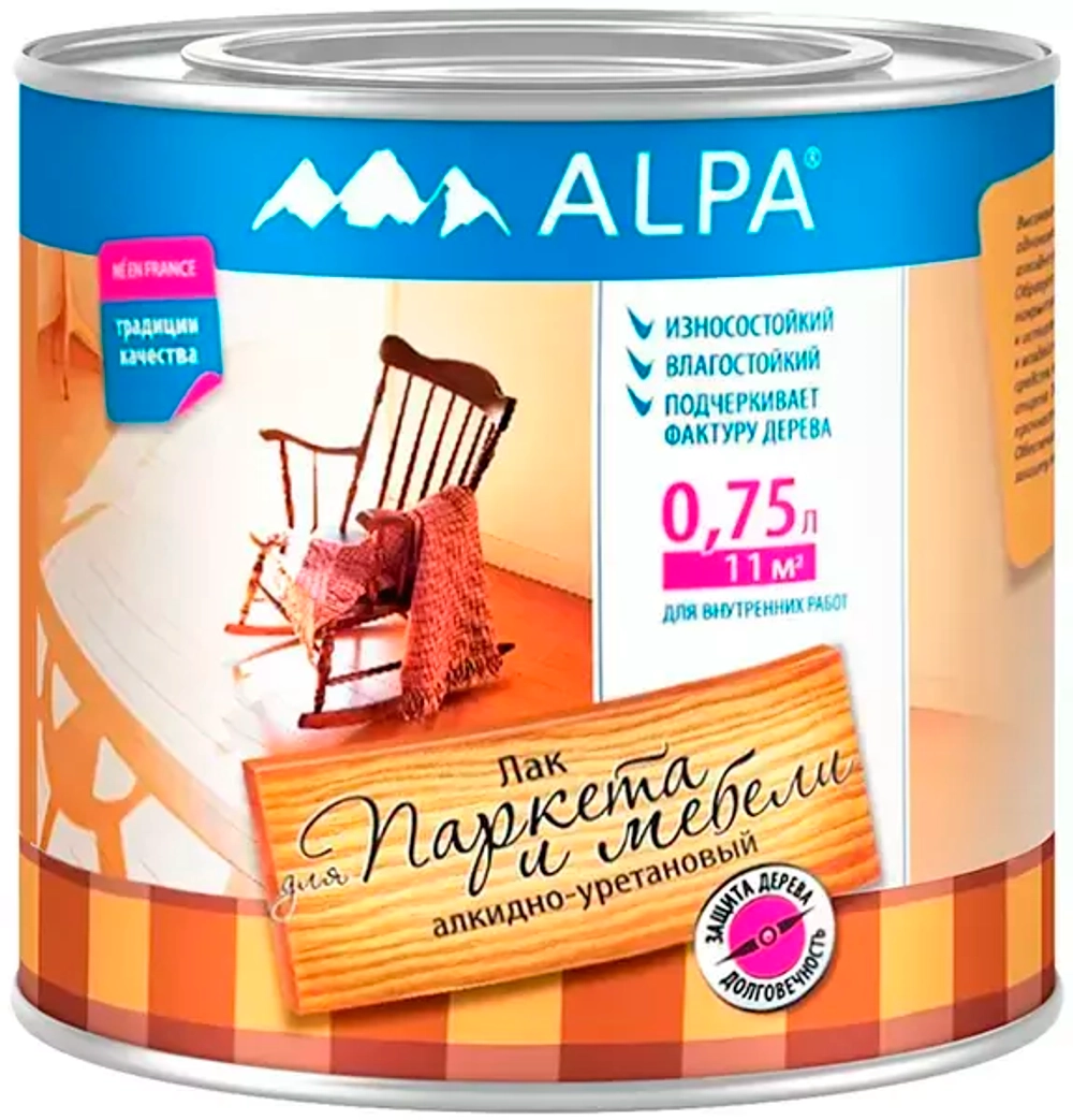 Лак Alpa для паркета и мебели алкидно-уретановый износостойкий влагостойкий бесцветный матовый 0,75л
