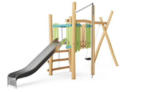 Деревянная башня с горкой и качелями